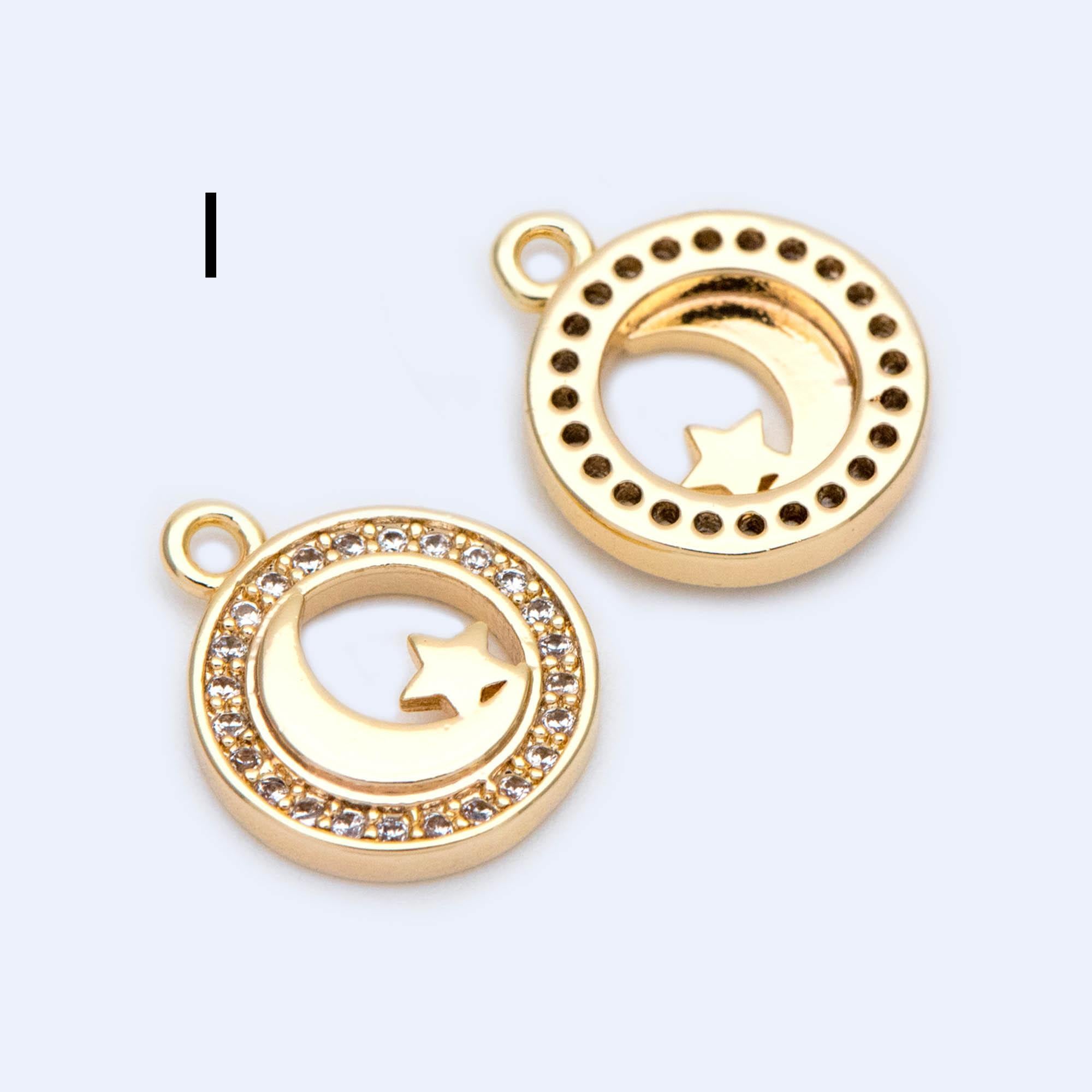 4pcs Gold/ Silver Tone Moon and Star Charm, 18K Gold/ Rhodium plated Brass, Celestial Charm Pendants (GB-2394)